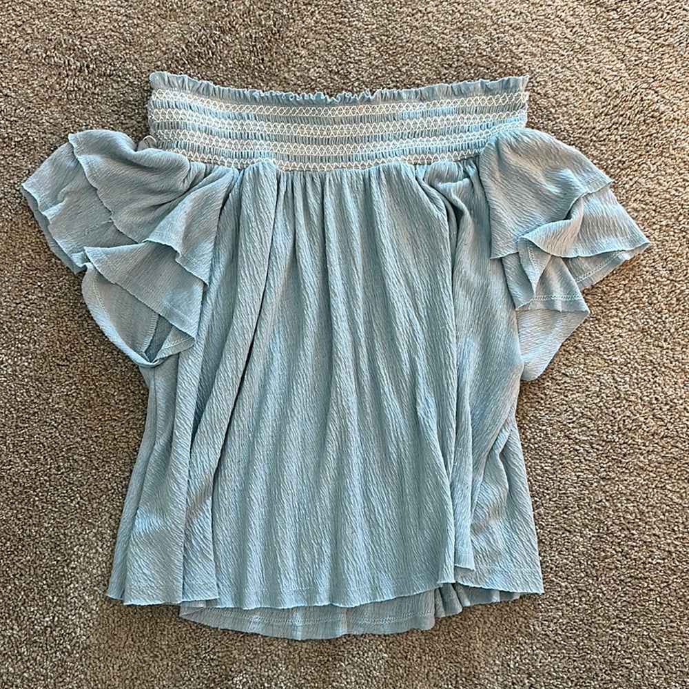 Off the shoulder blue blouse